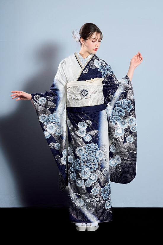 専用　振袖単品　お仕立て付き お誂え仕立付振袖 成人式振袖購入 b156-1 ブルーグリーン・深海色/古典