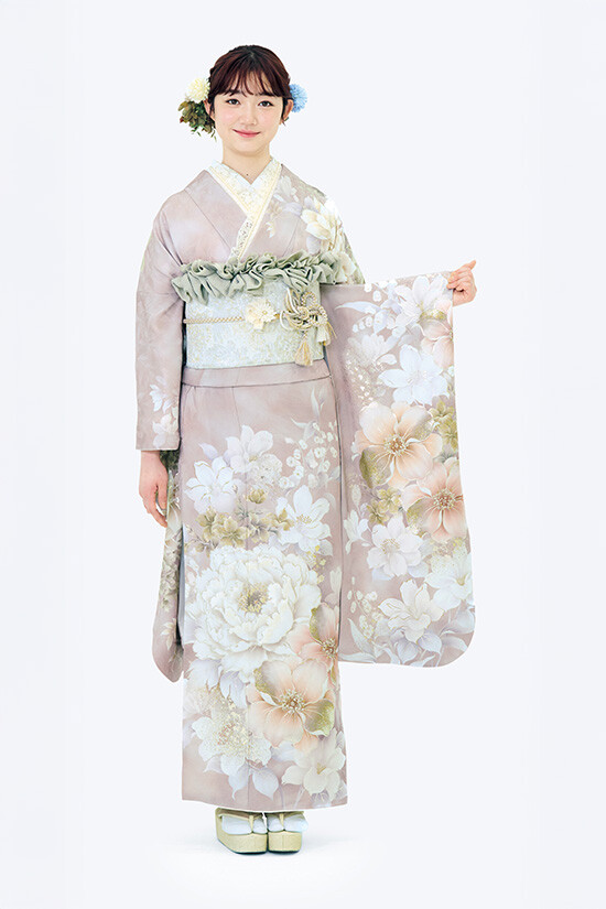 ふりそでMODE ウェディングボックスの振袖 /グレー色/古典/花柄/ K111