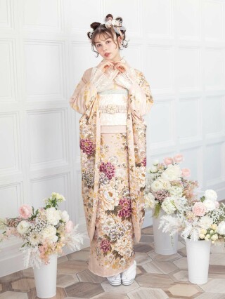 FURISODE ARCの振袖 /ベージュ色/黒色/古典/花柄/ 【20-957】紅一点