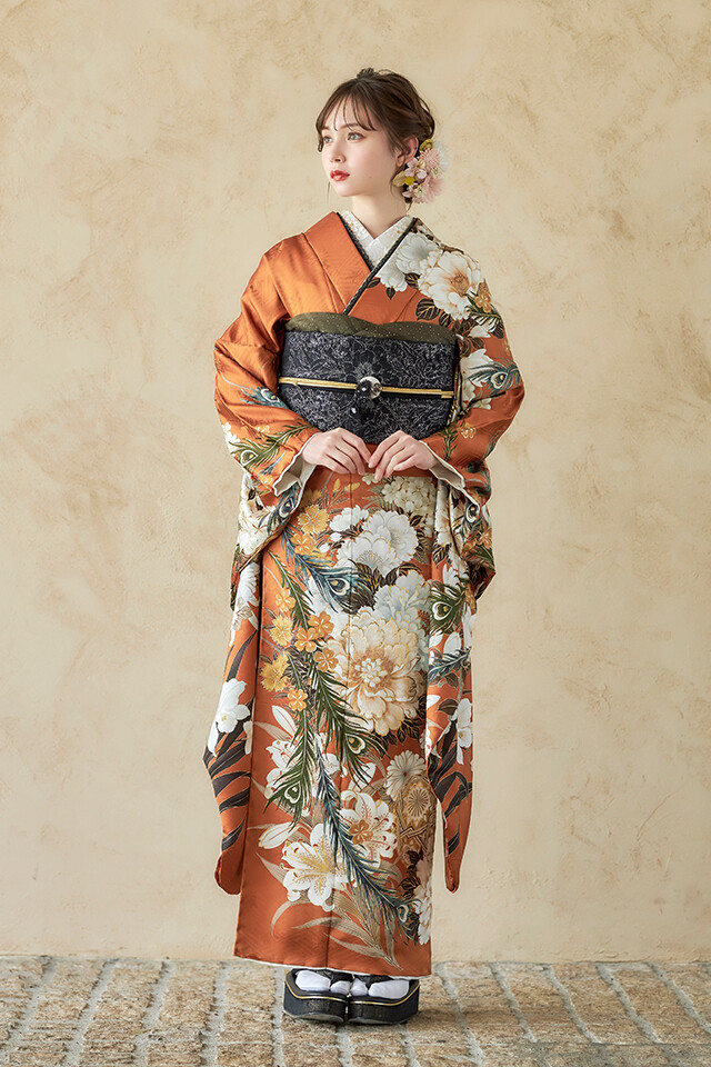 【美品】大衆演劇　花柄振袖 FURISODE efyの振袖 /オレンジ色/古典/花柄/ 古典柄振袖 | My振袖