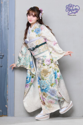 本きもの松葉の振袖 /青色/黄色/エレガント/花柄/ to-0266 | My振袖
