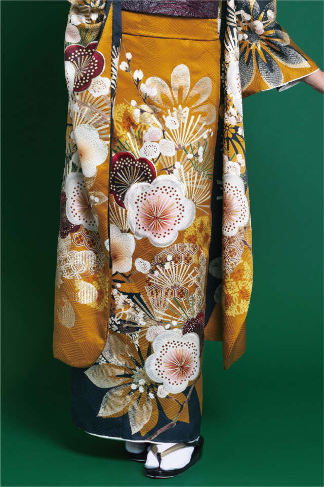 菊京屋の振袖 /黄色/紺色/エレガント/梅柄/ 王林爛漫 王林 振袖 OR-321