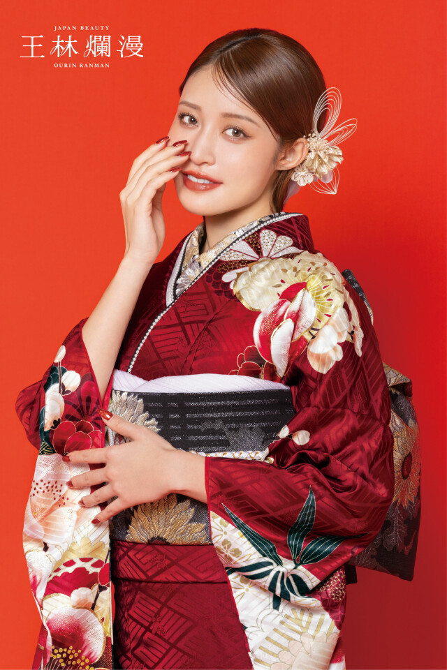 菊京屋の振袖 /赤色/黒色/エレガント/花柄/ 王林爛漫 王林 振袖 OR-350