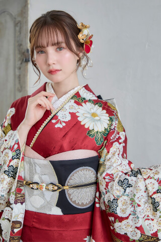 菊京屋の振袖 /赤色/古典/花柄/ 赤地に八重桜と椿の振袖 | My振袖