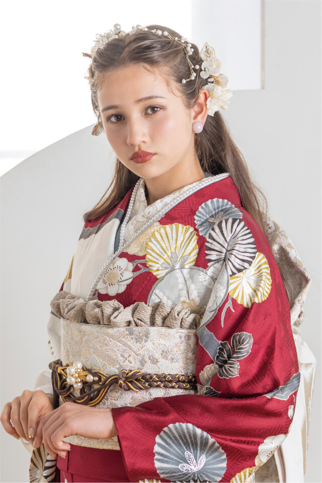 菊京屋の振袖 /赤色/白色/古典/松竹梅柄/ えんじ色と白の松竹梅 | My振袖
