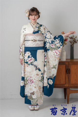 菊京屋の振袖 /青色/白色/古典/花柄/ ターコイズブルーに白花々 | My振袖