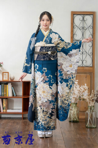 青地に牡丹と金彩スワロ_振袖_87165 | 菊京屋