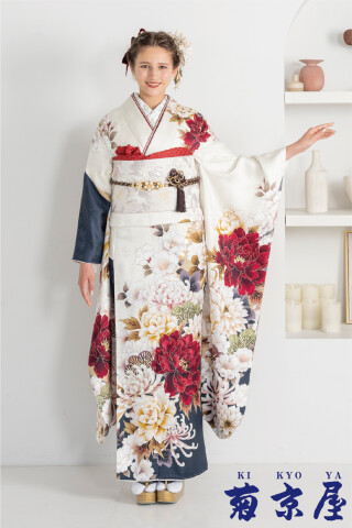 菊京屋の振袖 /紺色/白色/グラマラス/バラ柄/ 濃紺色に白薔薇と銀彩