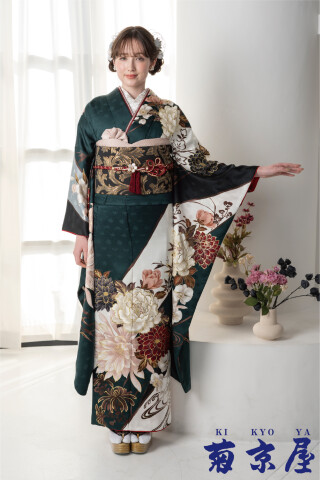 濃緑に大輪の花々の振袖_振袖_87179 | 菊京屋