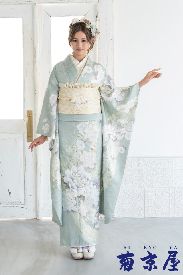 菊京屋の振袖 /その他色/緑色/キュート/牡丹柄/ ミント系に牡丹に