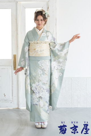 菊京屋の振袖 /その他色/緑色/キュート/牡丹柄/ ミント系に牡丹に