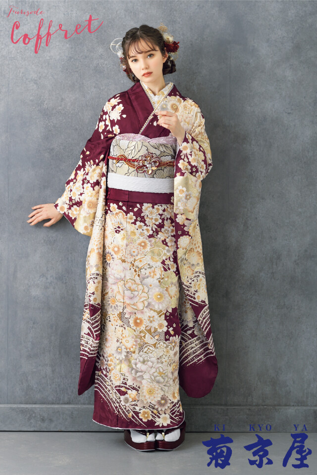 振袖フルセット✨トールサイズ 裄68 上品ボルドー 花柄 美品 成人式・前撮りに 菊京屋の振袖 /赤色/古典/花柄/ ボルドー振袖に白色と金彩 | My振袖