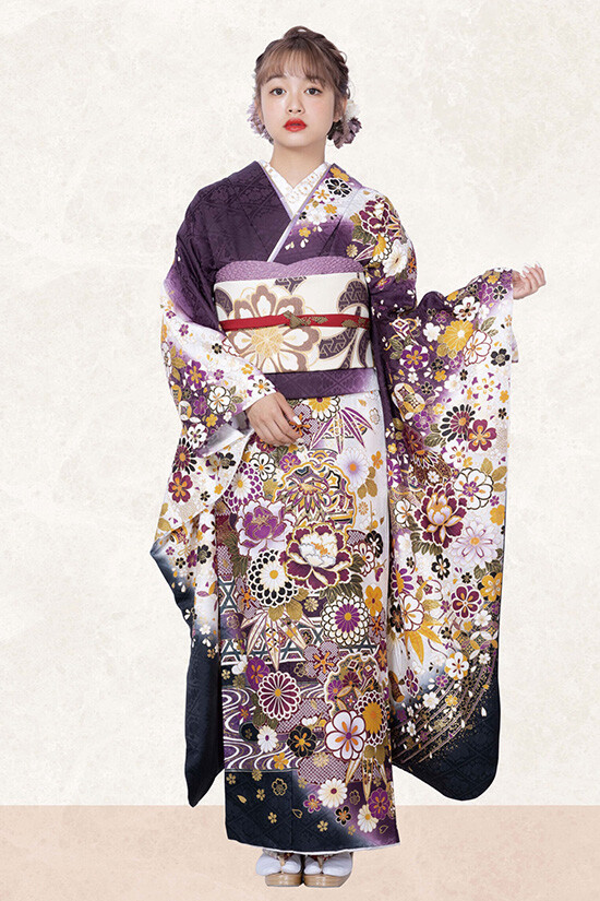 四季の花々 ダークパープル振袖 身丈162 f1015020】【紫系】振袖 販売 フルセット Mサイズ 【中古