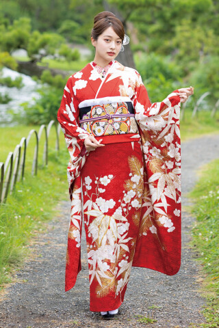 赤色 花柄 振袖 着物 TAKAZENの振袖 /赤色/白色/古典/鶴柄/ 最新作粋古典 赤/白 鶴柄