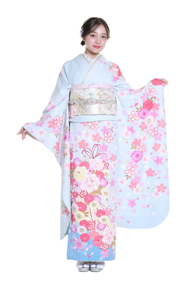 振袖セット　水色　ピンク　sMH2411302 とみひろ振袖いちばん館の振袖 /水色/ピンク色/キュート/牡丹柄/ T-178