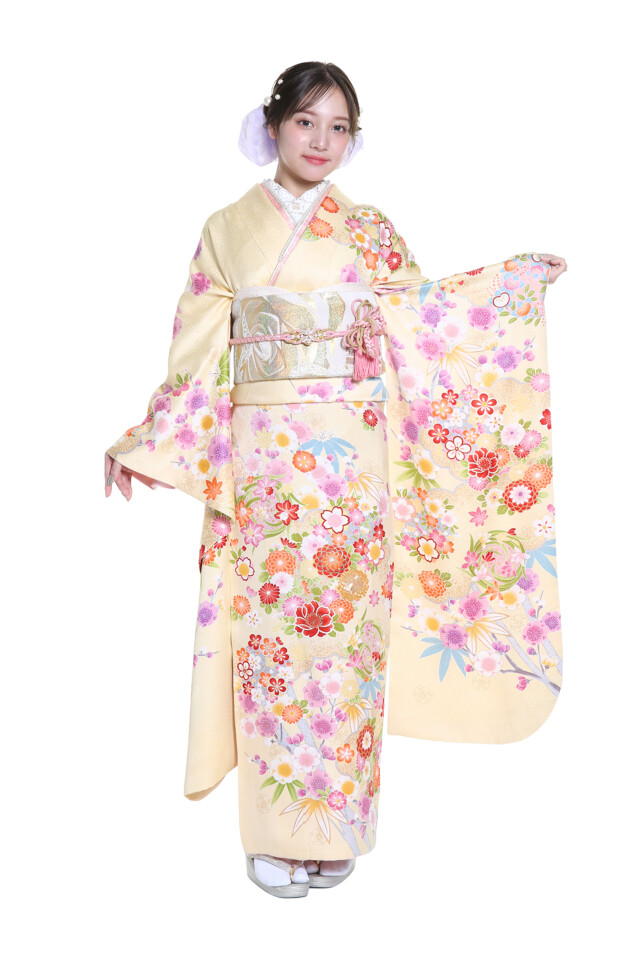 成人式に華やかできれいな振袖単品　濃緑に濃淡のピンク・黄色等美しい花の美品　正絹 キュートな振袖一覧 | 成人式振袖レンタル京都さがの館