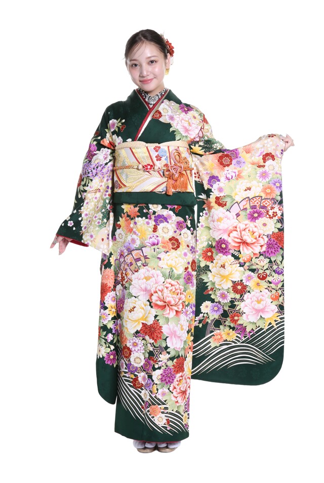 とみひろ振袖いちばん館の振袖 /緑色/古典/牡丹柄/ T-180 緑 | My振袖