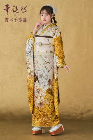 ラ・ソールの端折りが素敵な二部式着物　振り袖二部式 FURISODE LABの振袖 /ベージュ色/古典/菊柄/ 【九重×中村里砂】RN-551