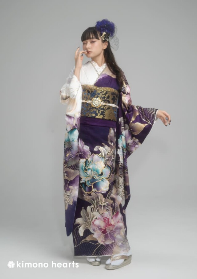 キモノハーツ／kimono heartsの振袖 /紫色/白色/クール/百合柄/ KH-619