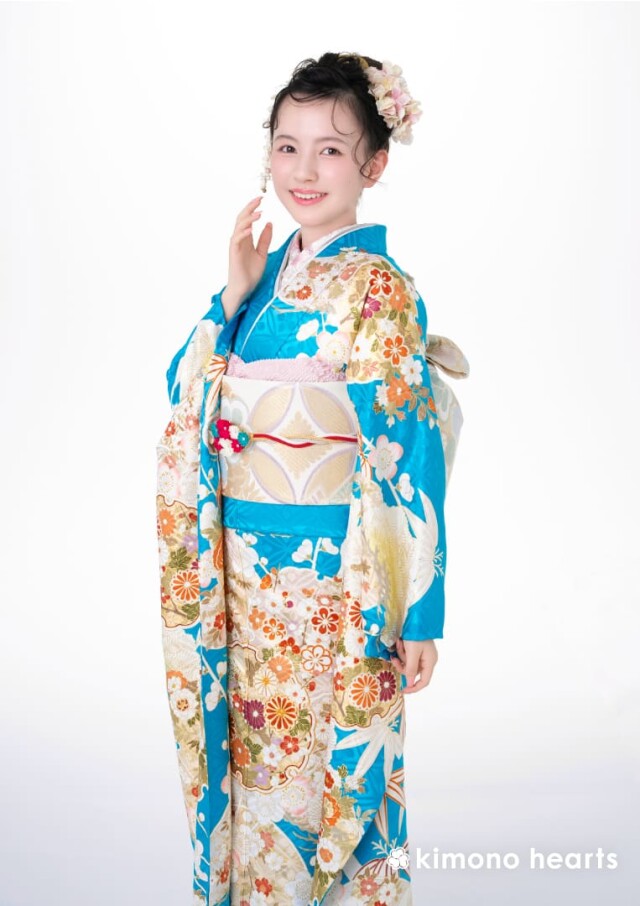 tasshies7商品　振袖 「水色松に梅」 b247 青緑菊に松竹梅[FS1077] | 成人式振袖レンタル京都さがの館