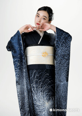 キモノハーツ／kimono heartsの振袖 /紺色/白色/クール/花柄/ KH-584