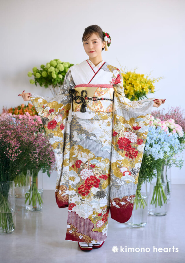 キモノハーツ／kimono heartsの振袖 /白色/赤色/古典/牡丹柄/ KH-578