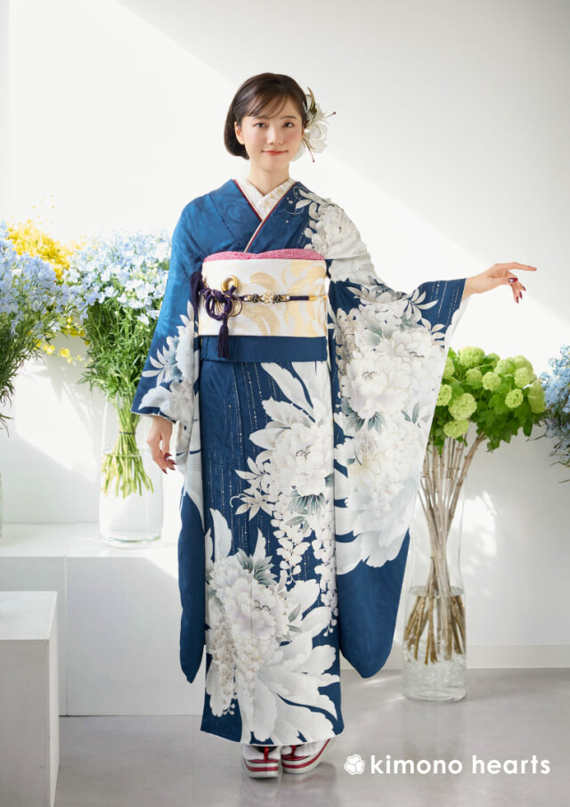 デニムキモノ　青と白の波模様 デニムキモノ 青と白の波模様