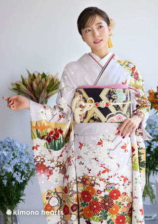 振袖　刺繍　金彩　薔薇　枝垂れ桜　麻の葉　成人式　着物　083a p 振袖 刺繍 金彩 薔薇 枝垂れ桜 麻の葉 成人式 着物 083a p