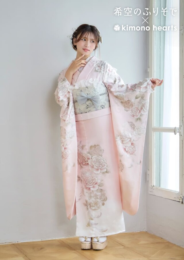 キモノハーツ／kimono heartsの振袖 /ピンク色/キュート/バラ柄/ SB-8