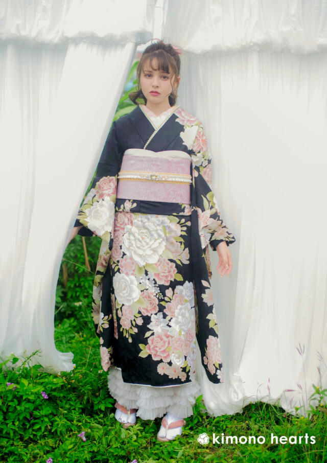 キモノハーツ／kimono heartsの振袖 /黒色/ピンク色/キュート/花柄/ KH
