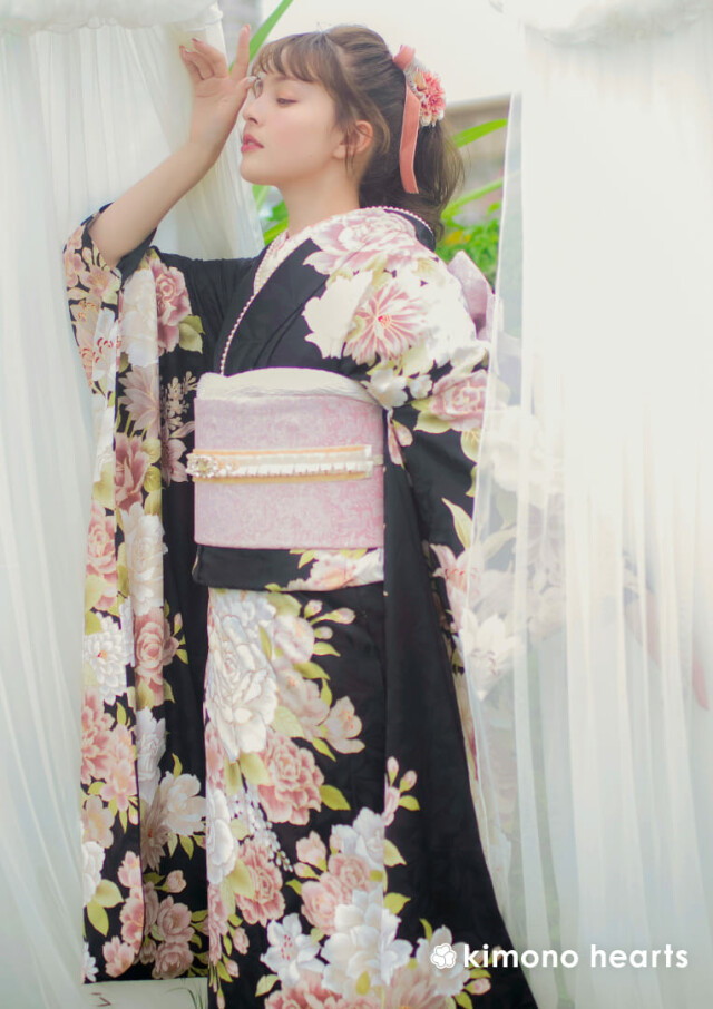 キモノハーツ／kimono heartsの振袖 /黒色/ピンク色/キュート/花柄/ KH