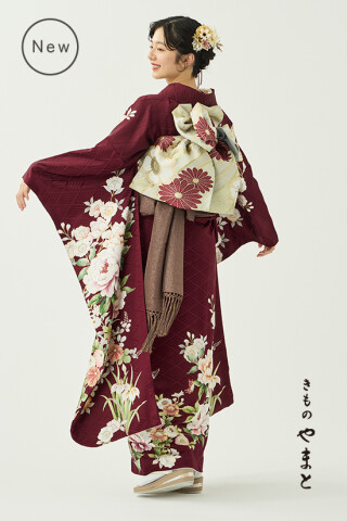 きものやまとの振袖 /赤色/エレガント/花柄/ 振袖／芍薬に蝶／臙脂