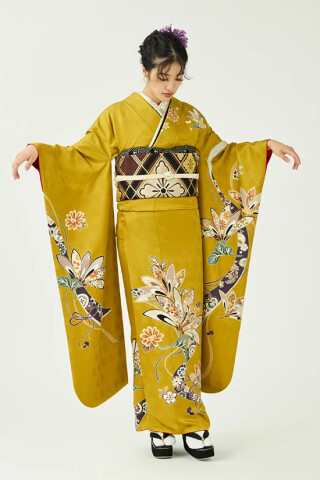きものやまとの振袖 /黄色/レトロ/菊柄/ 振袖／ハレスミ横菊／からし