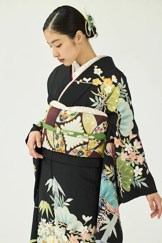 きものやまとの振袖 /黒色/クール/竹柄/ 振袖／藤波／黒 | My振袖