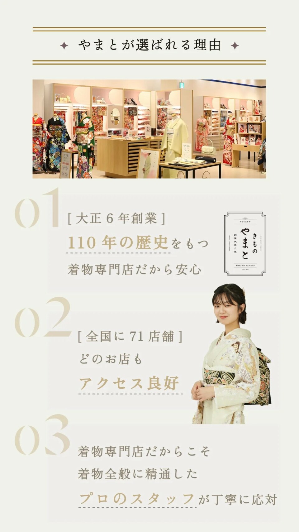 きものやまとが選ばれる理由。110年の歴史、全国71店舗、豊富なオリジナル振袖、成人式当日のお支度やトータルスタイリングまで幅広くサポート。