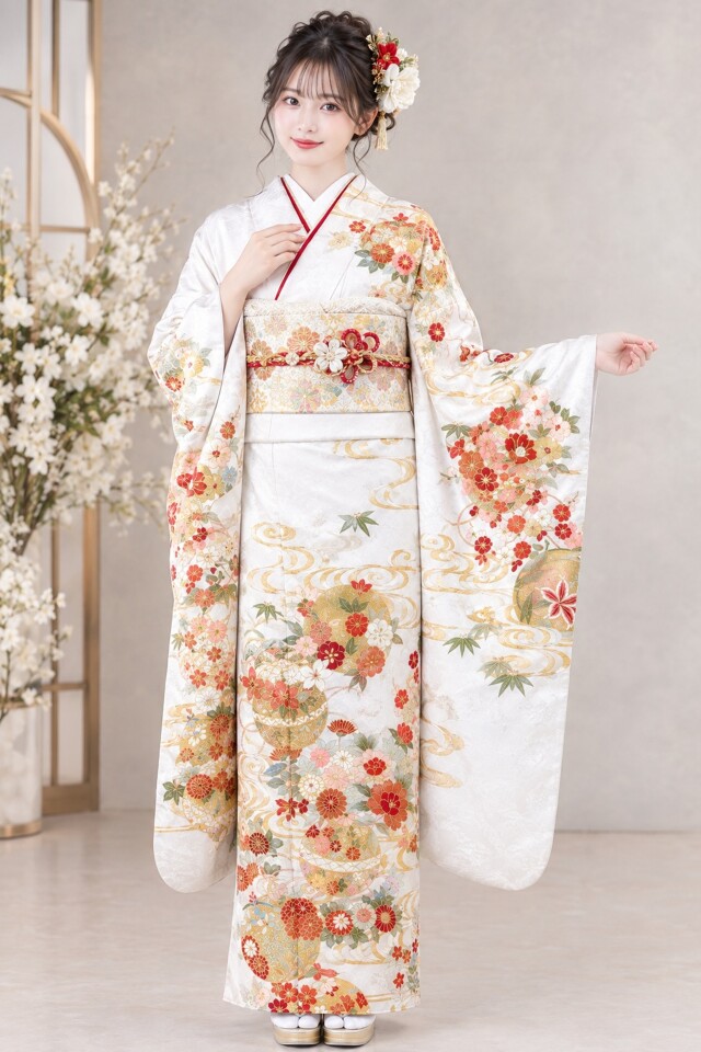 振袖 きものこまや大阪の振袖 /白色/紺色/エレガント/桜柄/ 総刺繍振袖