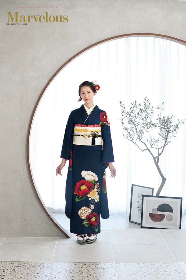 振袖 きものこまやの振袖 /紺色/赤色/レトロ/椿柄/ マーベラス | My振袖