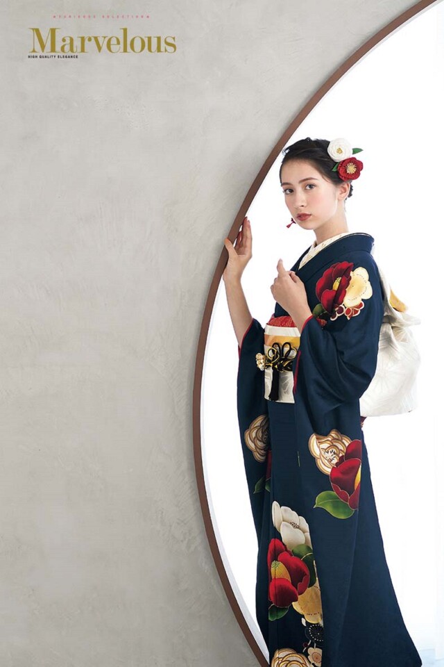 振袖 きものこまやの振袖 /紺色/赤色/レトロ/椿柄/ マーベラス | My振袖