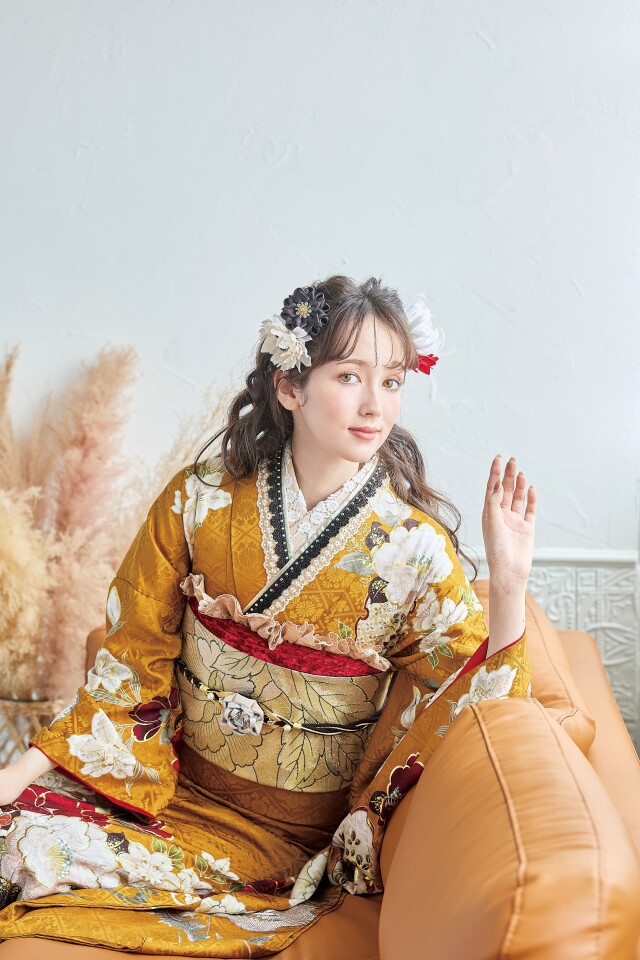 振袖 きものこまやの振袖 /黄色/赤色/レトロ/牡丹柄/ マーベラス | My振袖