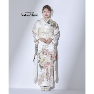 R2241 NatsuMimi 白×くすみピンク　牡丹に百合　扇子_振袖_101187