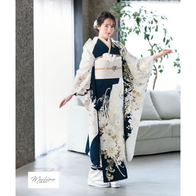 京都着物レンタル夢館の振袖 /紺色/白色/エレガント/菊柄/ R2251 舞