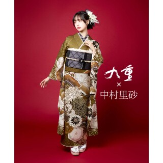 鶯茶　捻じれ梅に菊　松に亀甲_振袖_102136