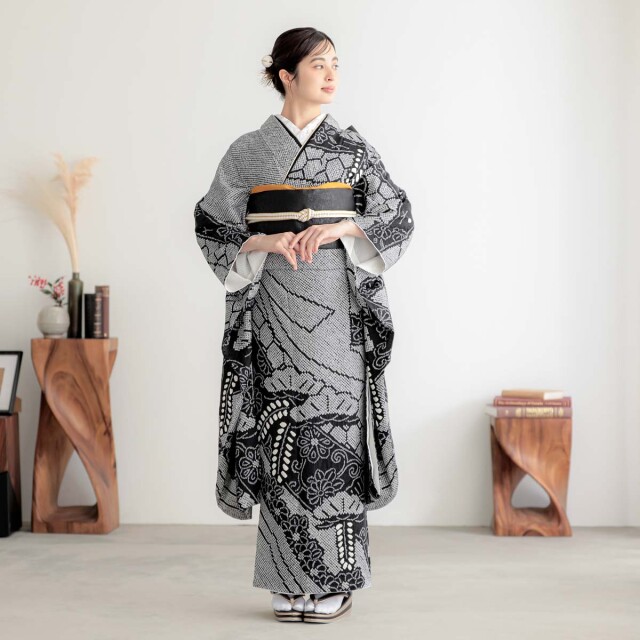 京都着物レンタル夢館の振袖 /黒色/白色/古典/熨斗柄/ 総絞り 黒 熨斗