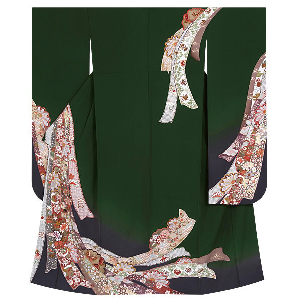 387 振袖フルセット 正絹 深緑 グリーン 金彩 暈し染め ゆったり XL 387 振袖フルセット 正絹 深緑 グリーン 金彩 暈し染め ゆったり