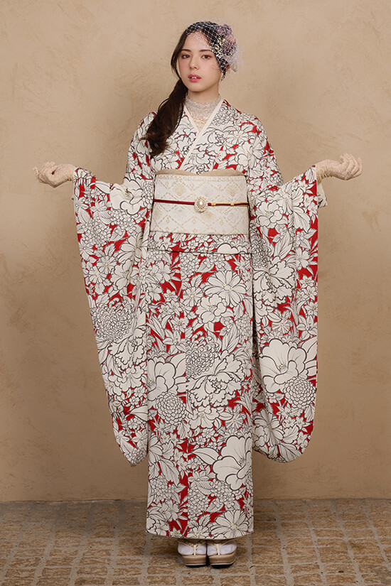紬のたけやまの振袖 /赤色/ベージュ色/レトロ/椿柄/ 振袖 | My振袖