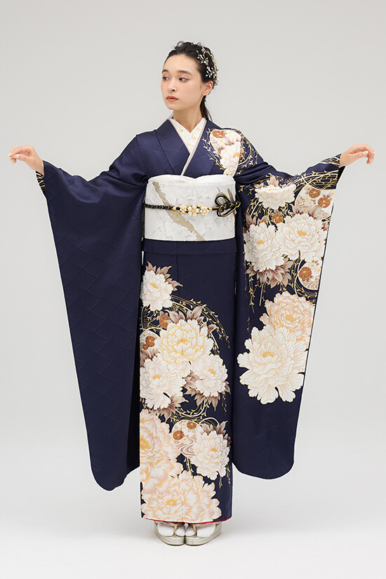 紬のたけやまの振袖 /紺色/青色/エレガント/牡丹柄/ 振袖 | My振袖