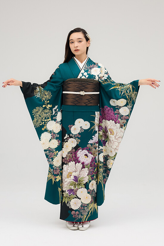 紬のたけやまの振袖 /緑色/古典/牡丹柄/ 振袖 | My振袖