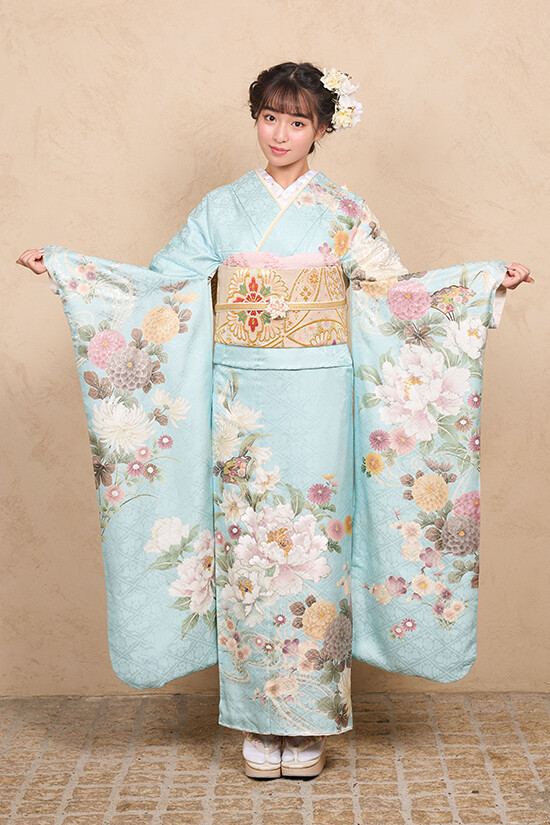 紬のたけやまの振袖 /水色/古典/牡丹柄/ 振袖 | My振袖