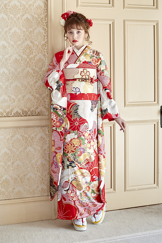 振袖セット 赤 鶴・花柄デザイン 老舗きもの屋 宇都宮の振袖 /赤色/古典/鶴柄/ 鶴の赤振袖 | My振袖
