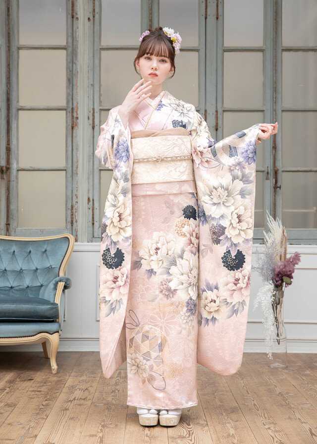 高級振袖 淡いピンクとグレーの花柄　フルセット 老舗きもの屋 宇都宮の振袖 /ピンク色/グレー色/エレガント/花柄